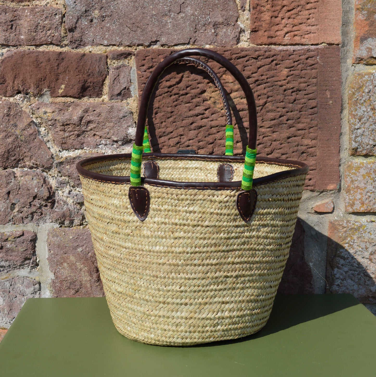 Beaded Tanzanian Seagrass Baskets with Hand stitched Leather & Beaded long handles