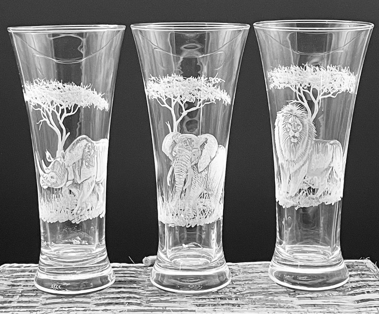 Beer Glasses, Engraved with BIG FIVE African Animals
