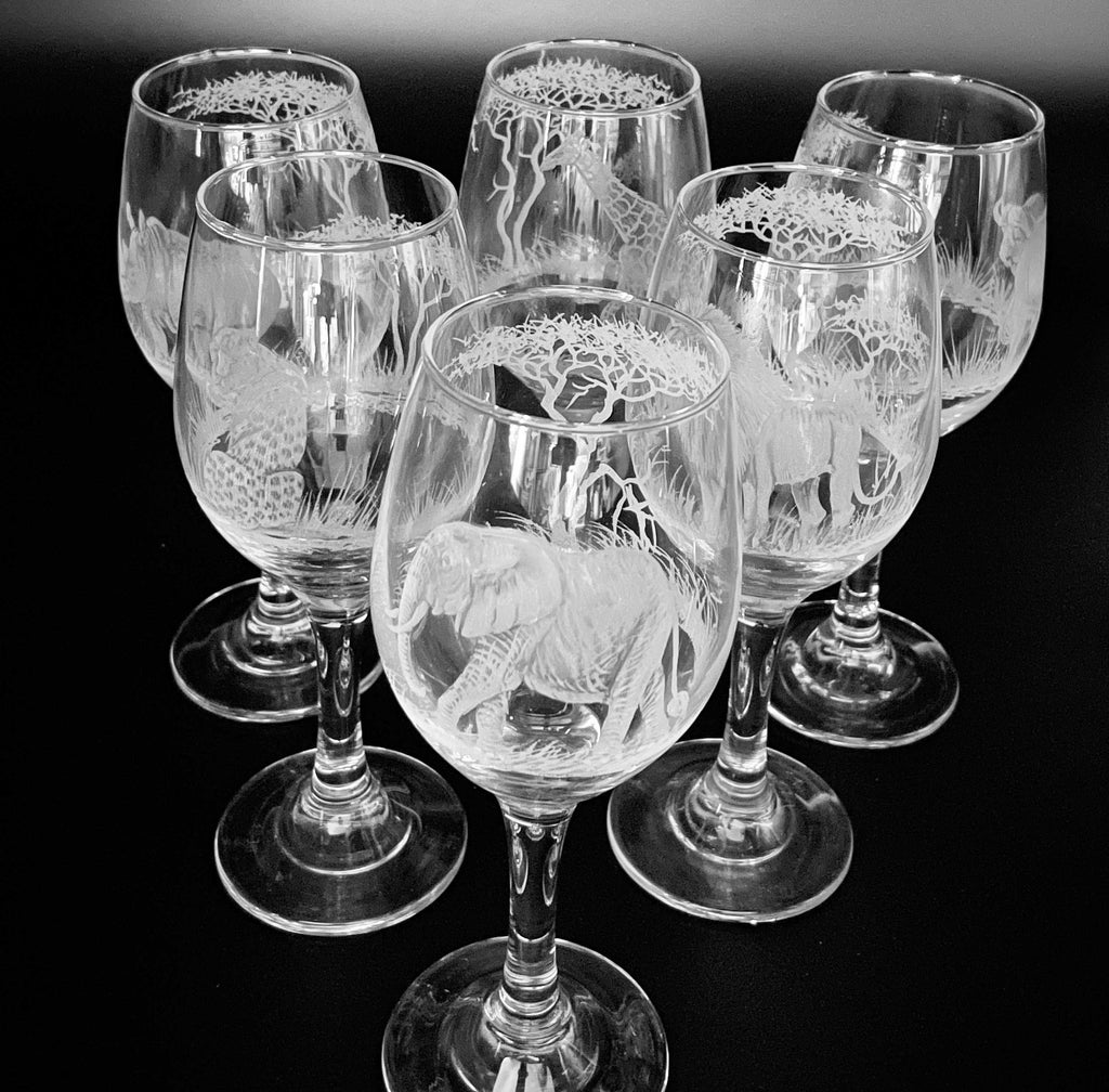 Wine Glasses, Engraved with African Animals