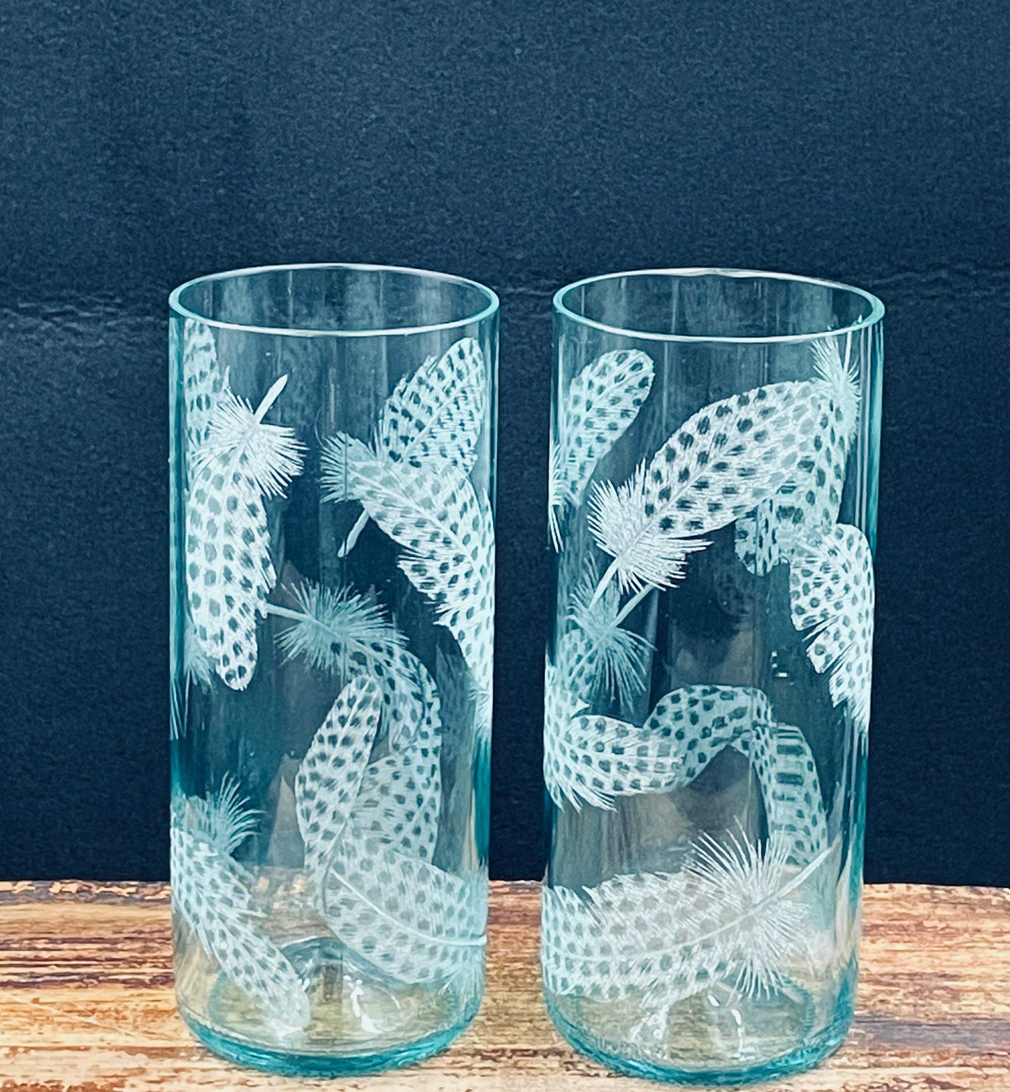 Hand Engraved recycled Glasses with Feathers
