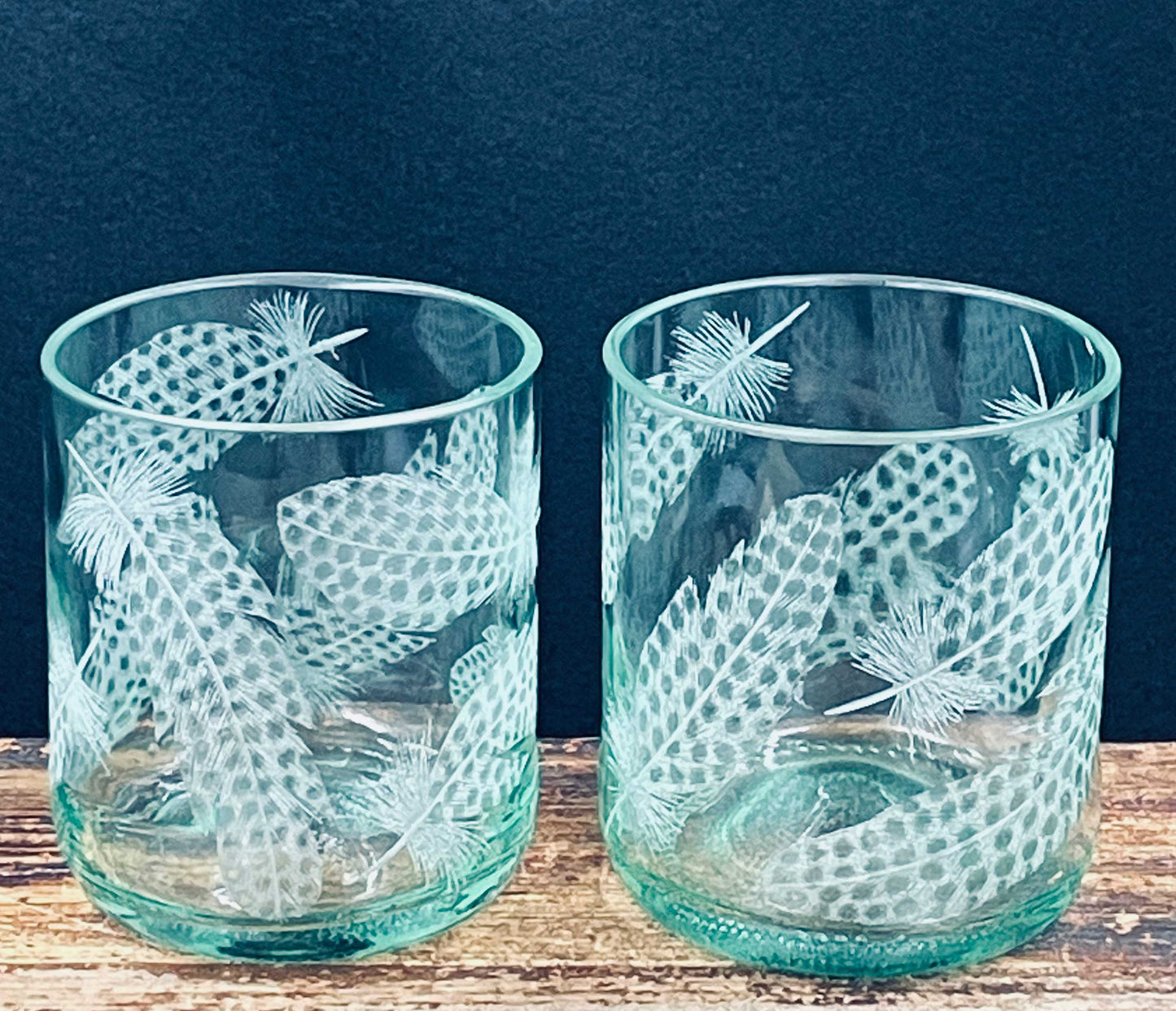 Hand Engraved recycled Glasses with Feathers
