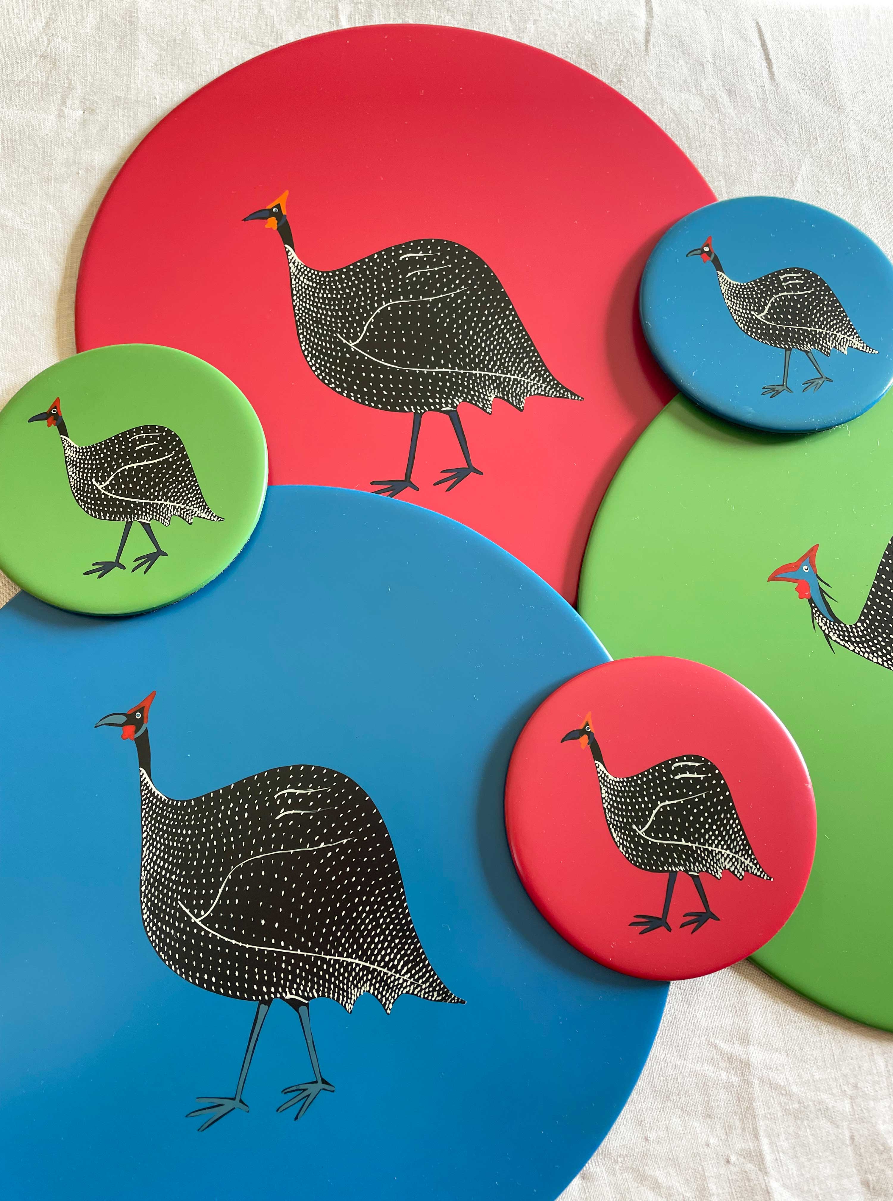 Table Mats, Original Guinea Fowl on Red, Set of 4