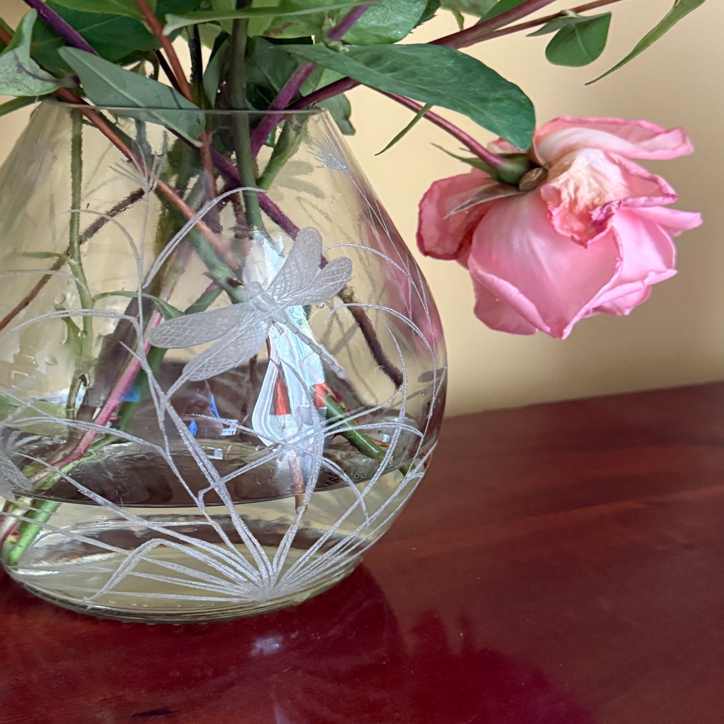 Hand Engraved vase with Dragonfly