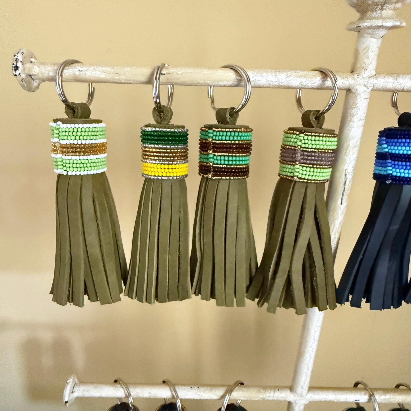 Beaded Leather Tassel Keyring