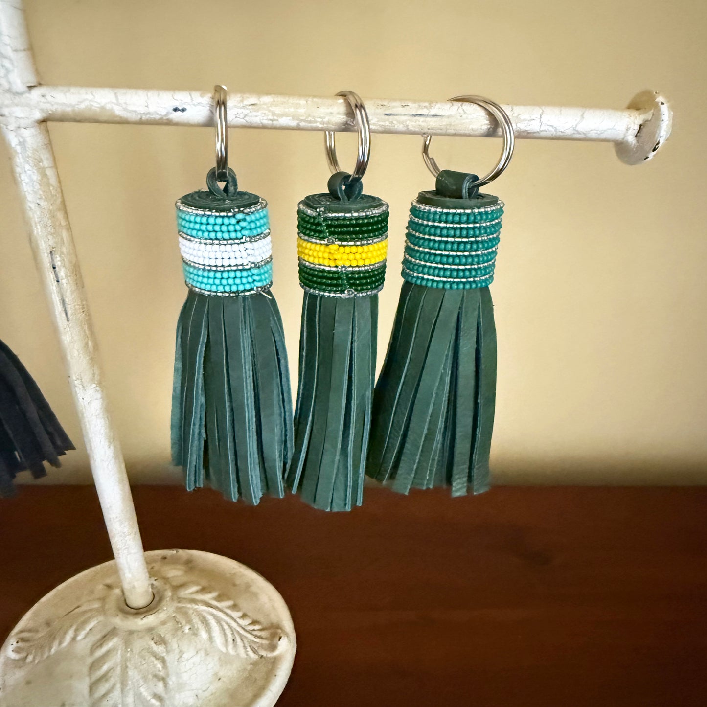 Beaded Leather Tassel Keyring