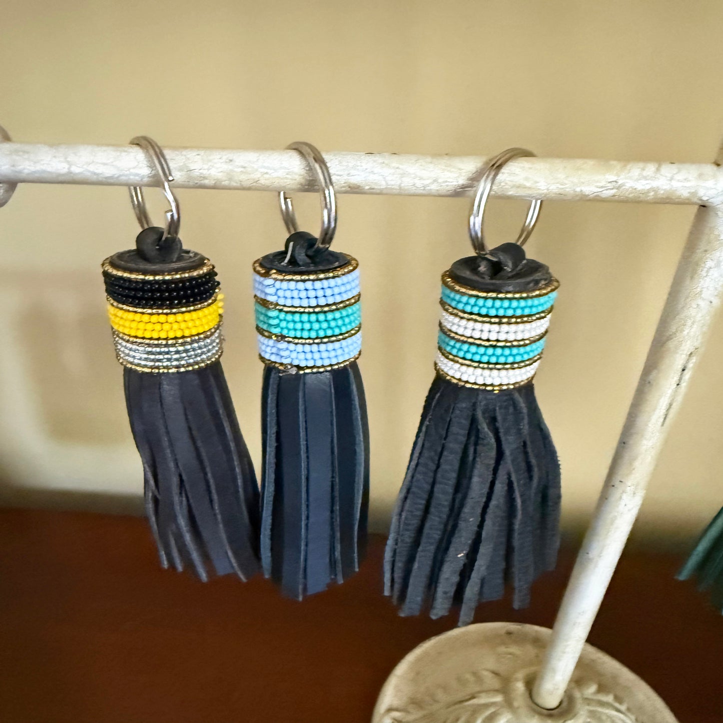 Beaded Leather Tassel Keyring