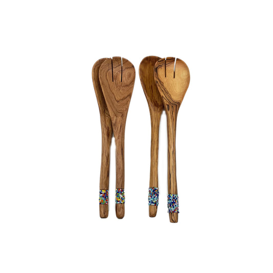 Olive Wood Oval Shaped Salad Servers with beaded handles
