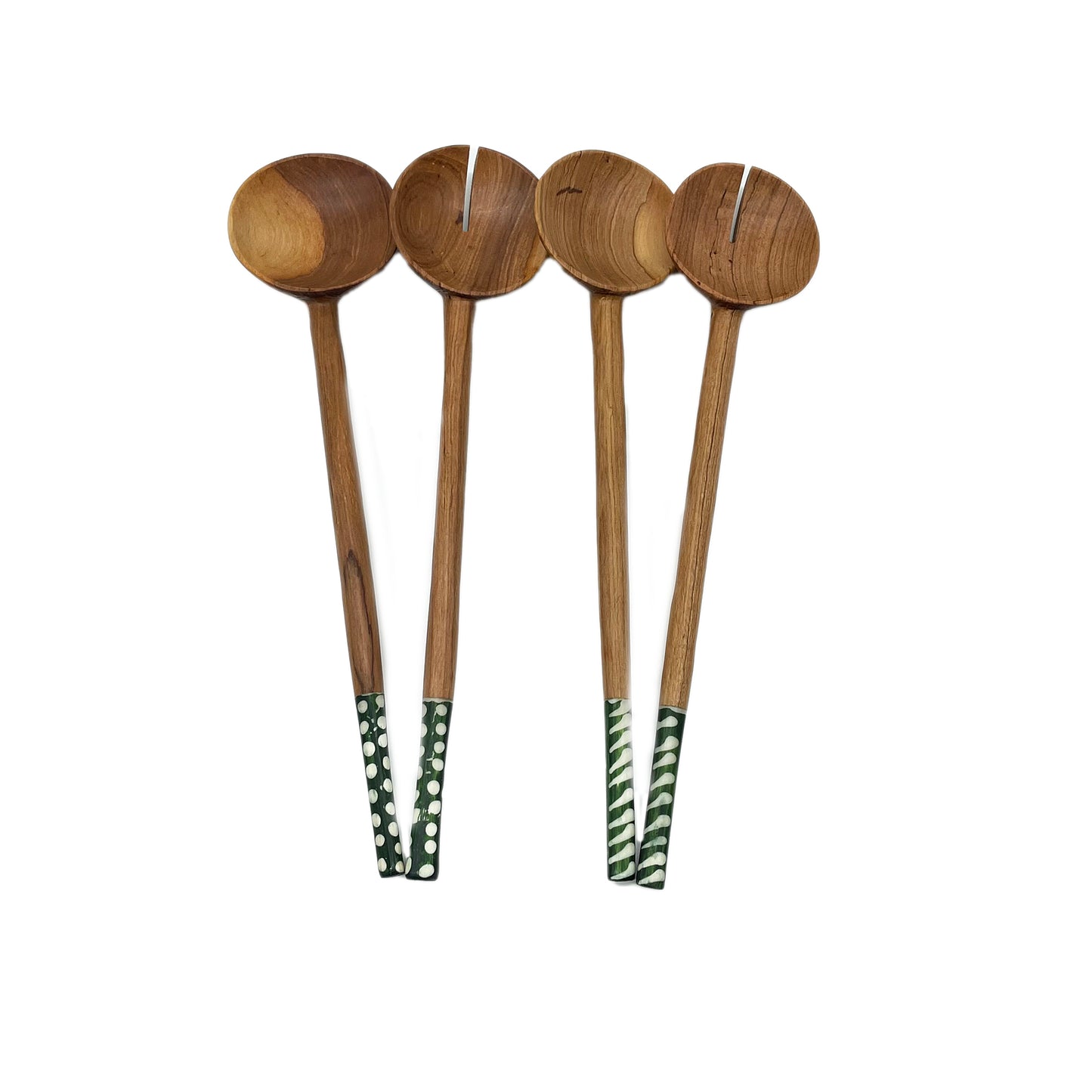Long Olive wood Salad Servers with Batik Bone Green Handles