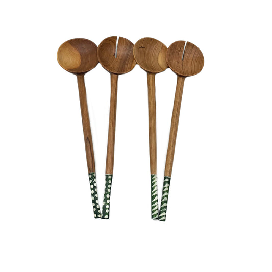 Long Olive wood Salad Servers with Batik Bone Green Handles