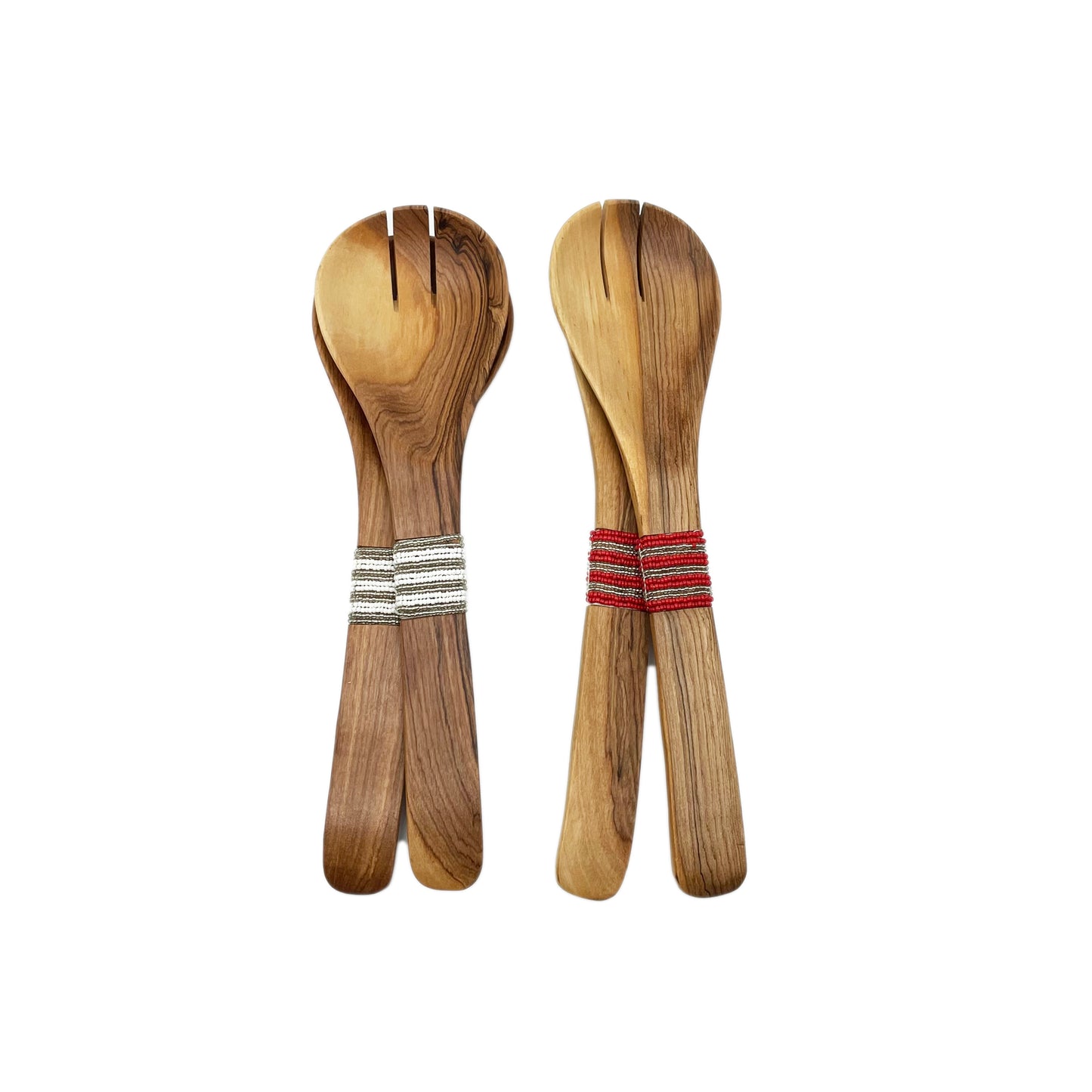 Olive Wood Salad Server Traditional with beaded Inlay handles