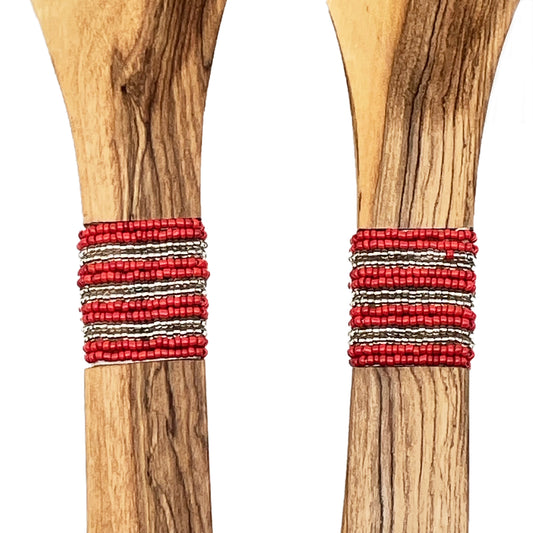 Olive Wood Salad Server with beaded Inlay handles