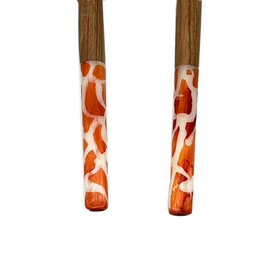 Long Olive wood Salad Servers with Orange Batik Bone Handles