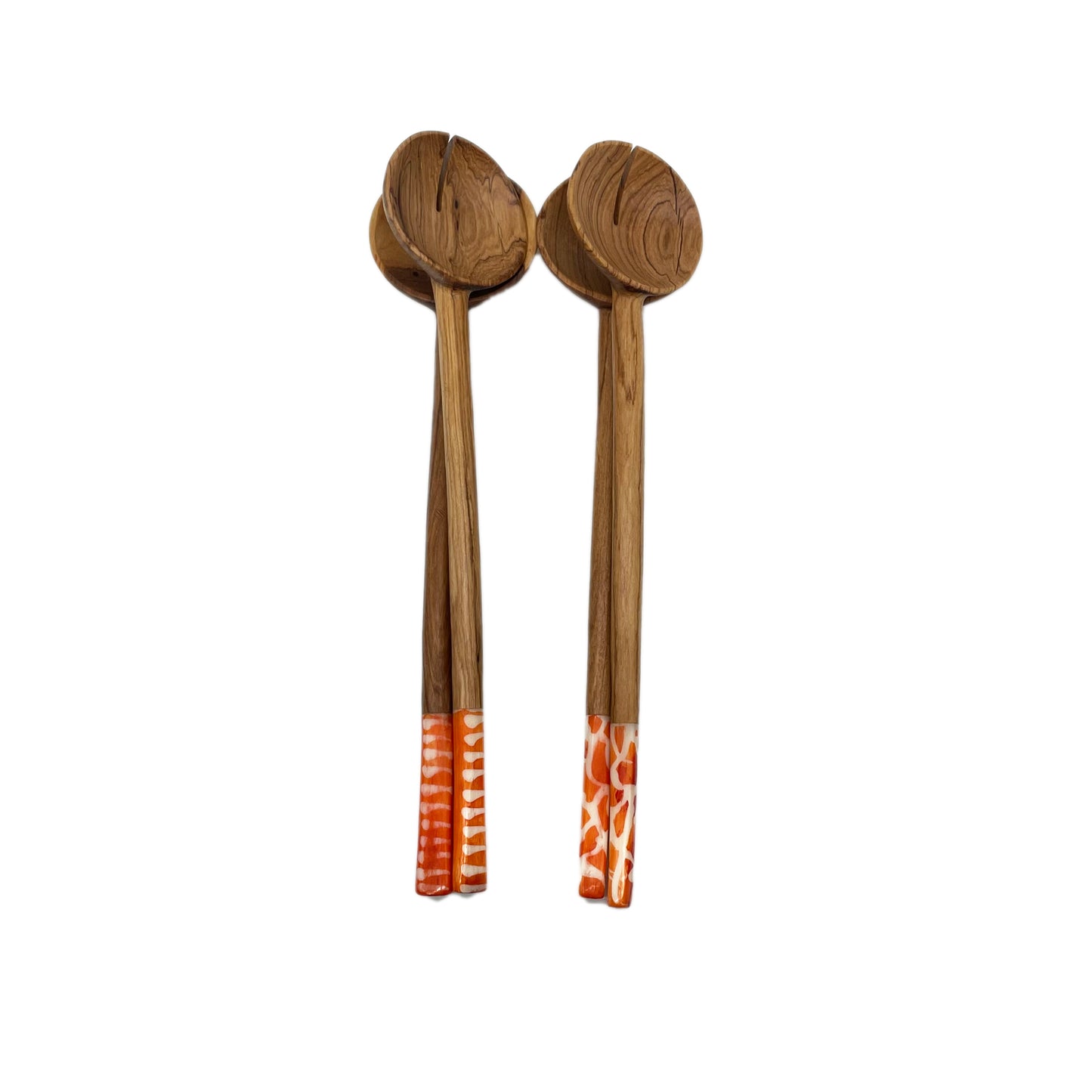 Long Olive wood Salad Servers with Orange Batik Bone Handles