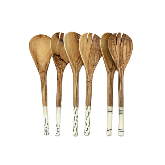 Olive Wood Oval Shaped Salad Servers with Batik Bone handles
