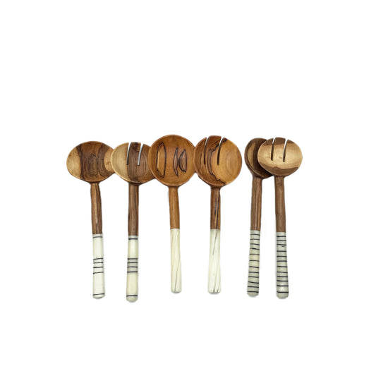 Small Olive Wood Round Shaped Salad Servers with Batik Bone handles