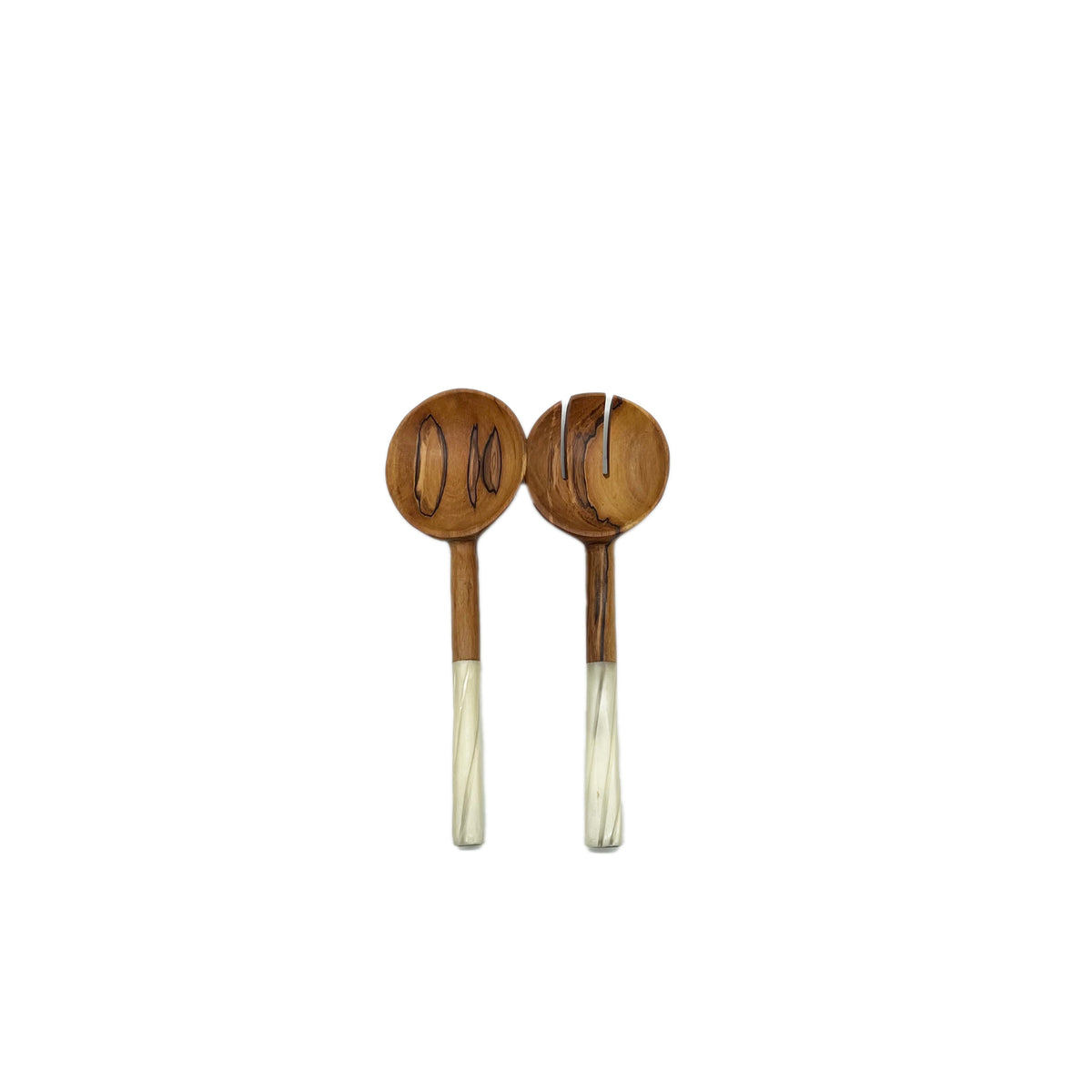 Small Olive Wood Round Shaped Salad Servers with Batik Bone handles