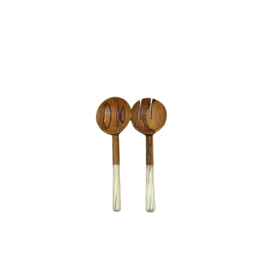 Small Olive Wood Round Shaped Salad Servers with Batik Bone handles