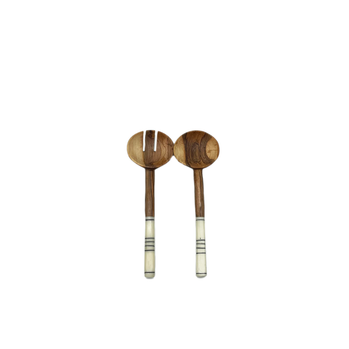 Small Olive Wood Round Shaped Salad Servers with Batik Bone handles