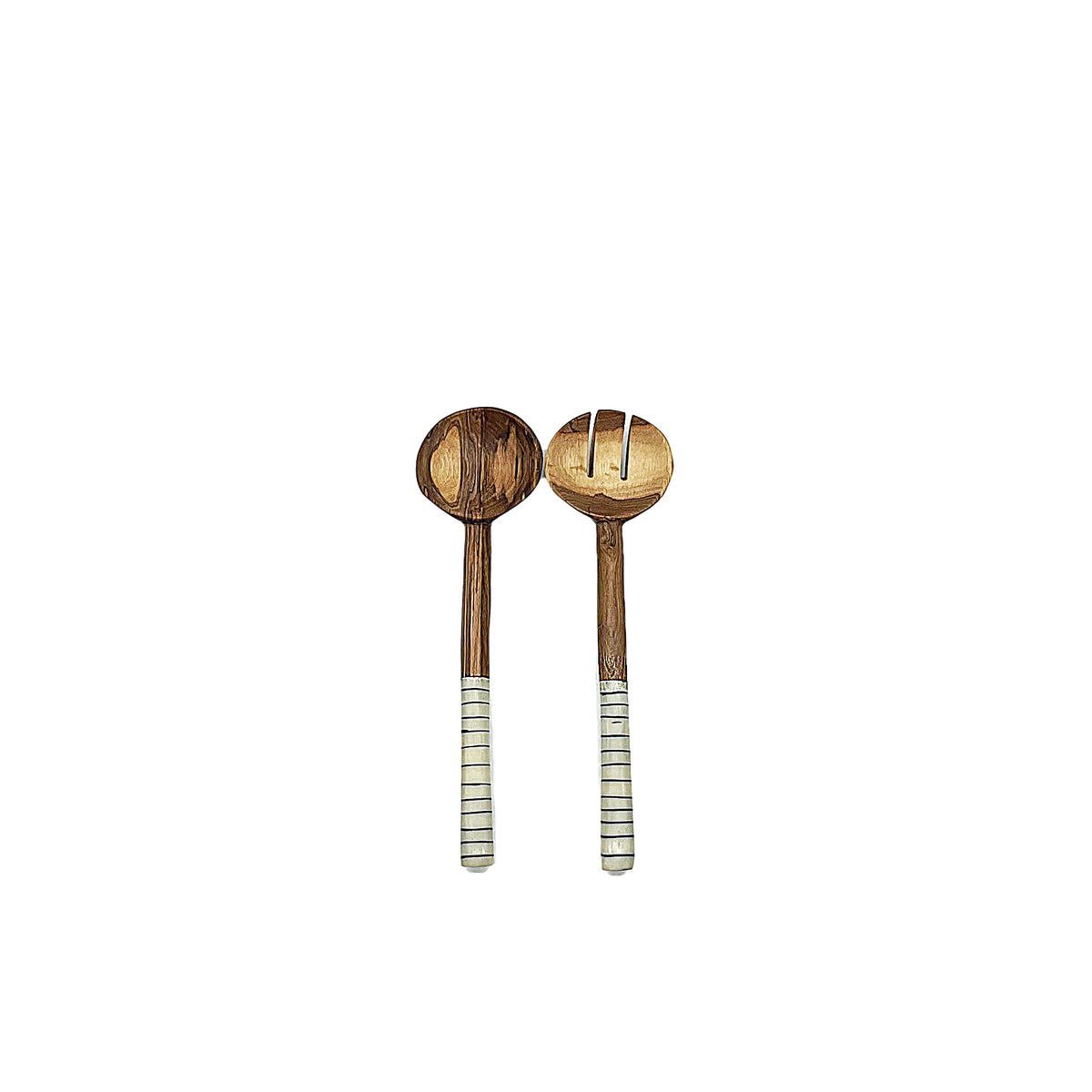 Small Olive Wood Round Shaped Salad Servers with Batik Bone handles