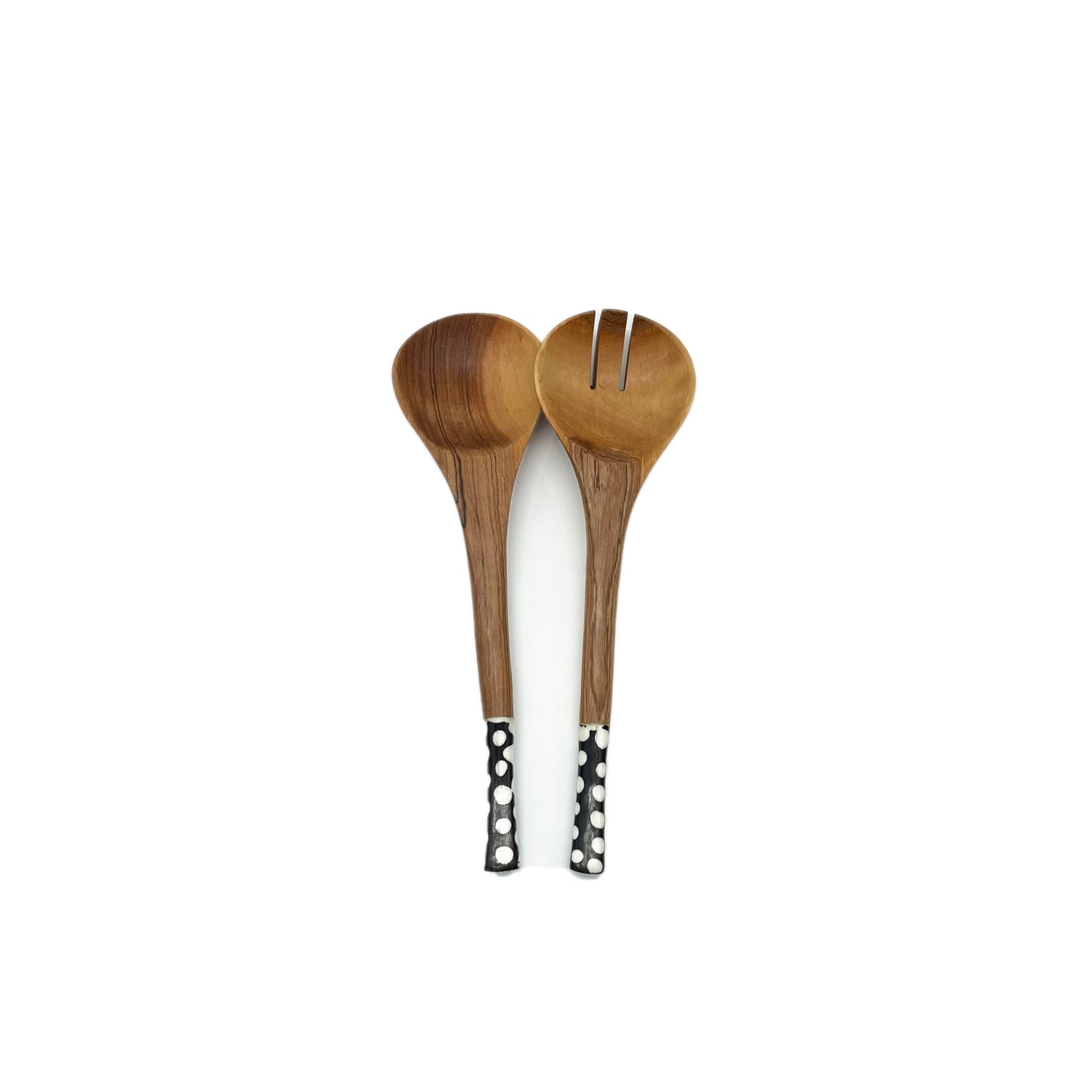 Regular Olive wood Salad Servers with Black & White Batik Handles