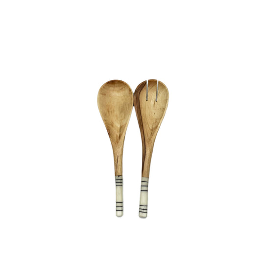 Regular Olive wood Salad Servers with Black & White Batik Handles