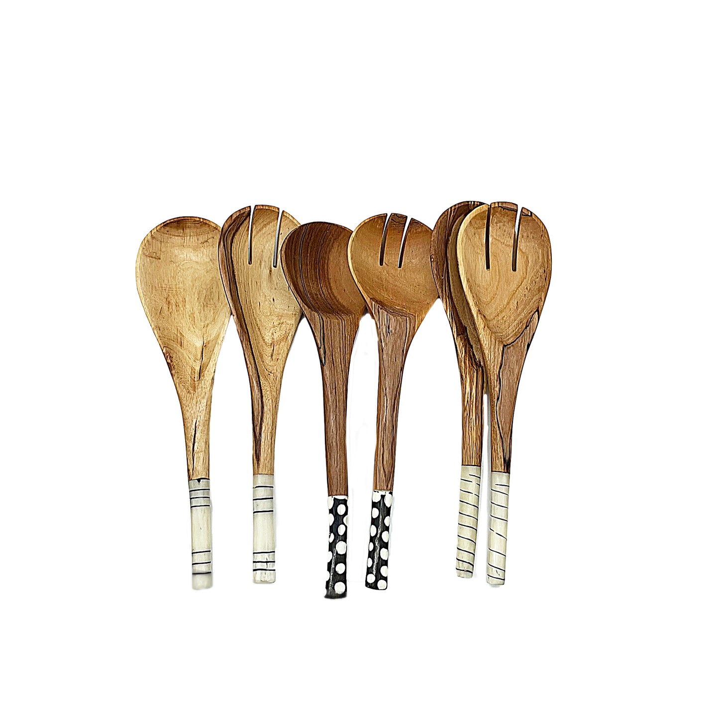Regular Olive wood Salad Servers with Black & White Batik Handles