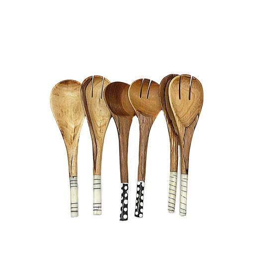 Regular Olive wood Salad Servers with Black & White Batik Handles