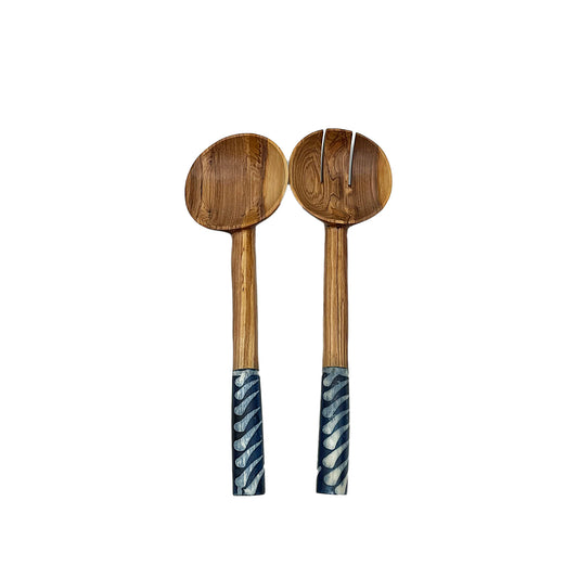 Chunky Olivewood Salad Servers with Blue Handles.