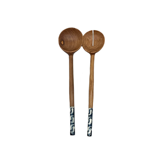 Long Olive wood Salad Servers with Batik Blue Green Handles