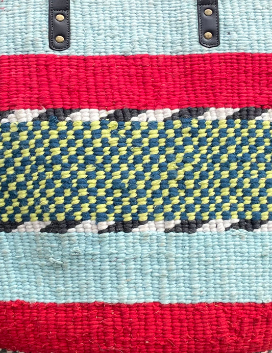Giant Woollen Kiondo Lined Basket with heavy duty Mocha leather trim & handles.Powder Blue, Red, B&W, Blue & Yellow Hoops.