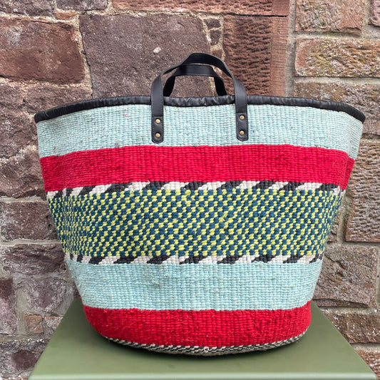 Giant Woollen Kiondo Lined Basket with heavy duty Mocha leather trim & handles.Powder Blue, Red, B&W, Blue & Yellow Hoops.