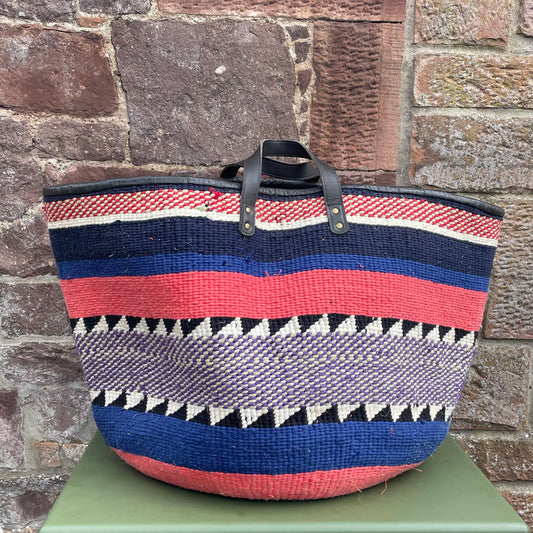 Giant Woollen Kiondo Lined Basket with heavy duty Mocha leather trim & handles Pink, Blues B&W  Hoops