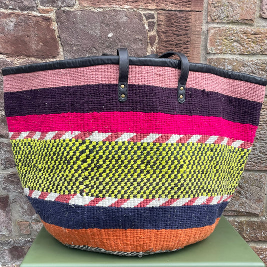 Giant Woollen Kiondo Lined Basket with heavy duty Mocha leather trim & handles. Pale Pink, Purple & Cerise Hoops