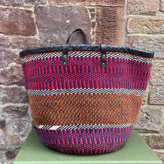 Giant Woollen Kiondo Basket with heavy duty Mocha leather trim & handles. Burgundy Reds, Navy Blue, B&W zigzags, Orange & Green Hoops.