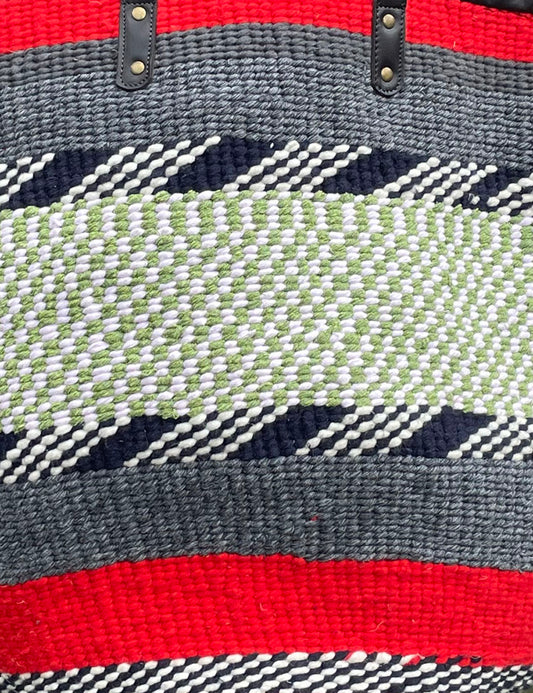 Giant Woollen Kiondo Basket with heavy duty Mocha leather trim & handles.Red & Grey Hoops, B&W, Green & White check.