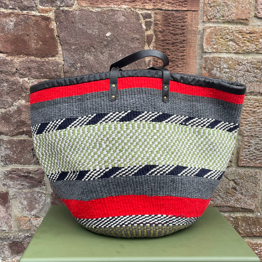 Giant Woollen Kiondo Basket with heavy duty Mocha leather trim & handles.Red & Grey Hoops, B&W, Green & White check.