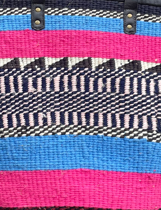 Giant Woollen Kiondo Basket with heavy duty Mocha leather trim & handles. Blue & Pink Hoops B&W Flags & Checks
