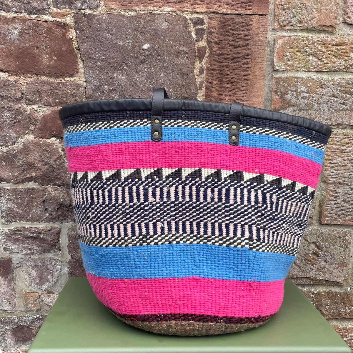 Giant Woollen Kiondo Basket with heavy duty Mocha leather trim & handles. Blue & Pink Hoops B&W Flags & Checks