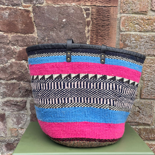 Giant Woollen Kiondo Basket with heavy duty Mocha leather trim & handles. Blue & Pink Hoops B&W Flags & Checks