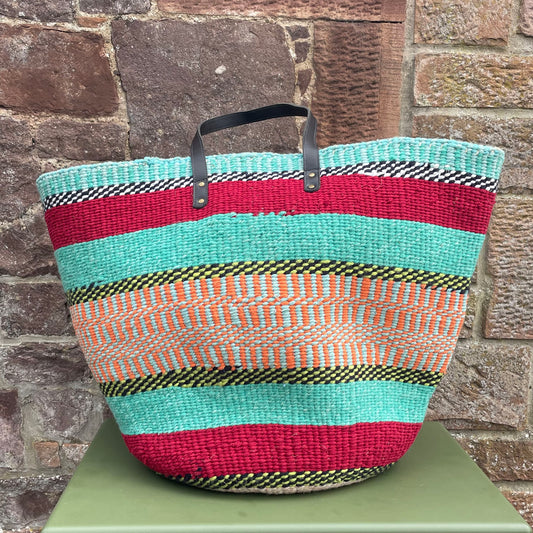 Extra Large Woollen Kiondo Basket with leather handles. Burgundy & Sea Green Hoops, B&W and Yellow & White Hoops Orange check