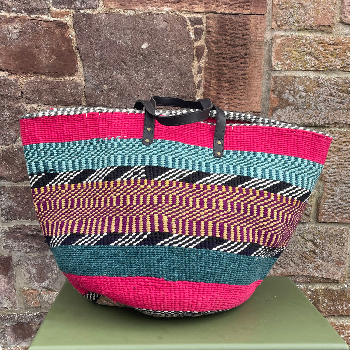 Extra Large Woollen Kiondo Basket with leather handles.Cerise Hoop, Grey & Pale Blue Mix Hoop, B & W Zig Zag Purple & Yellow Mix Hoop.