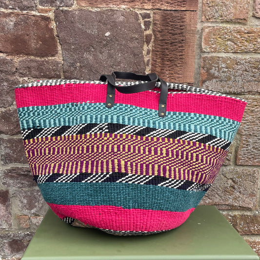 Extra Large Woollen Kiondo Basket with leather handles.Cerise Hoop, Grey & Pale Blue Mix Hoop, B & W Zig Zag Purple & Yellow Mix Hoop.