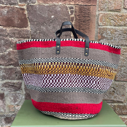 Extra Large Woollen Kiondo Basket with leather handles. Red & Mole Hoops, B&W ZigZag, Gold & Brown Mix,White & Brown mix Hoops