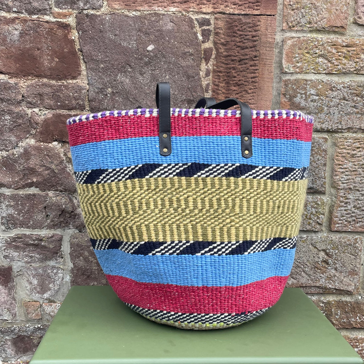 Extra Large Woollen Kiondo Basket with leather handles.Purple & White check Hoop.Claret & Periwinkle Blue Hoops, B&W zigzag, Sage & Primrose Check