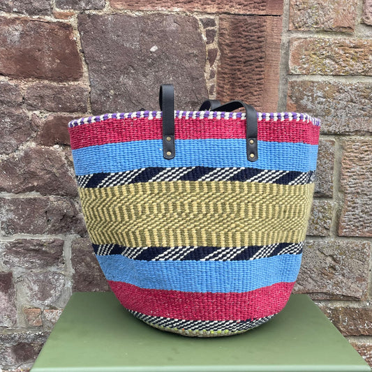 Extra Large Woollen Kiondo Basket with leather handles.Purple & White check Hoop.Claret & Periwinkle Blue Hoops, B&W zigzag, Sage & Primrose Check