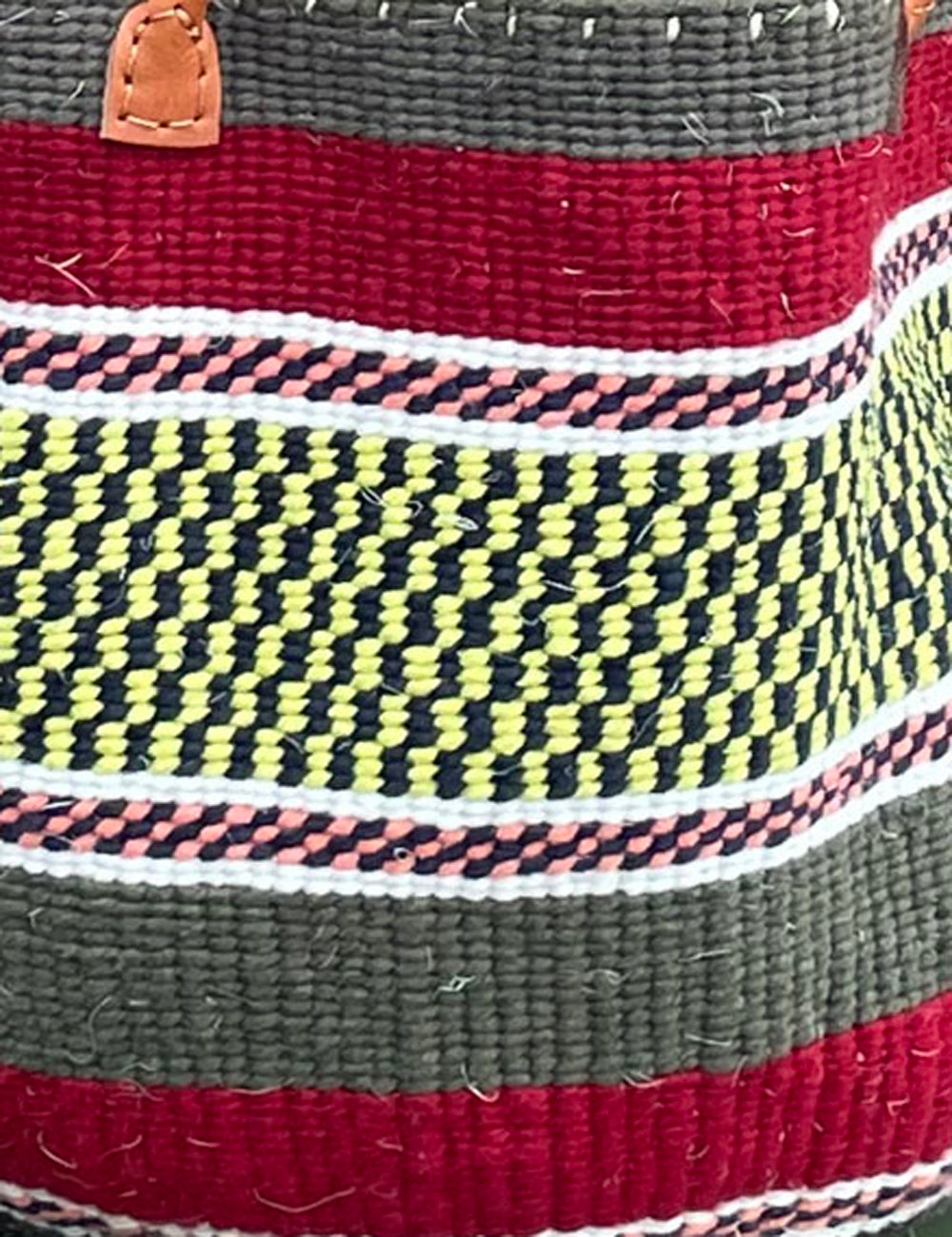 Woollen Kiondo Basket Mole, Burgundy Pinks, Yellow & Black  with long Leather handles.