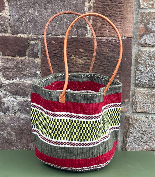 Woollen Kiondo Basket Mole, Burgundy Pinks, Yellow & Black  with long Leather handles.