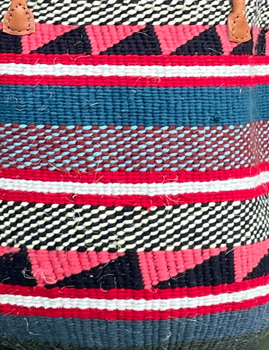 Woollen Kiondo Basket Pinks, Blues & Black with long Leather handles.