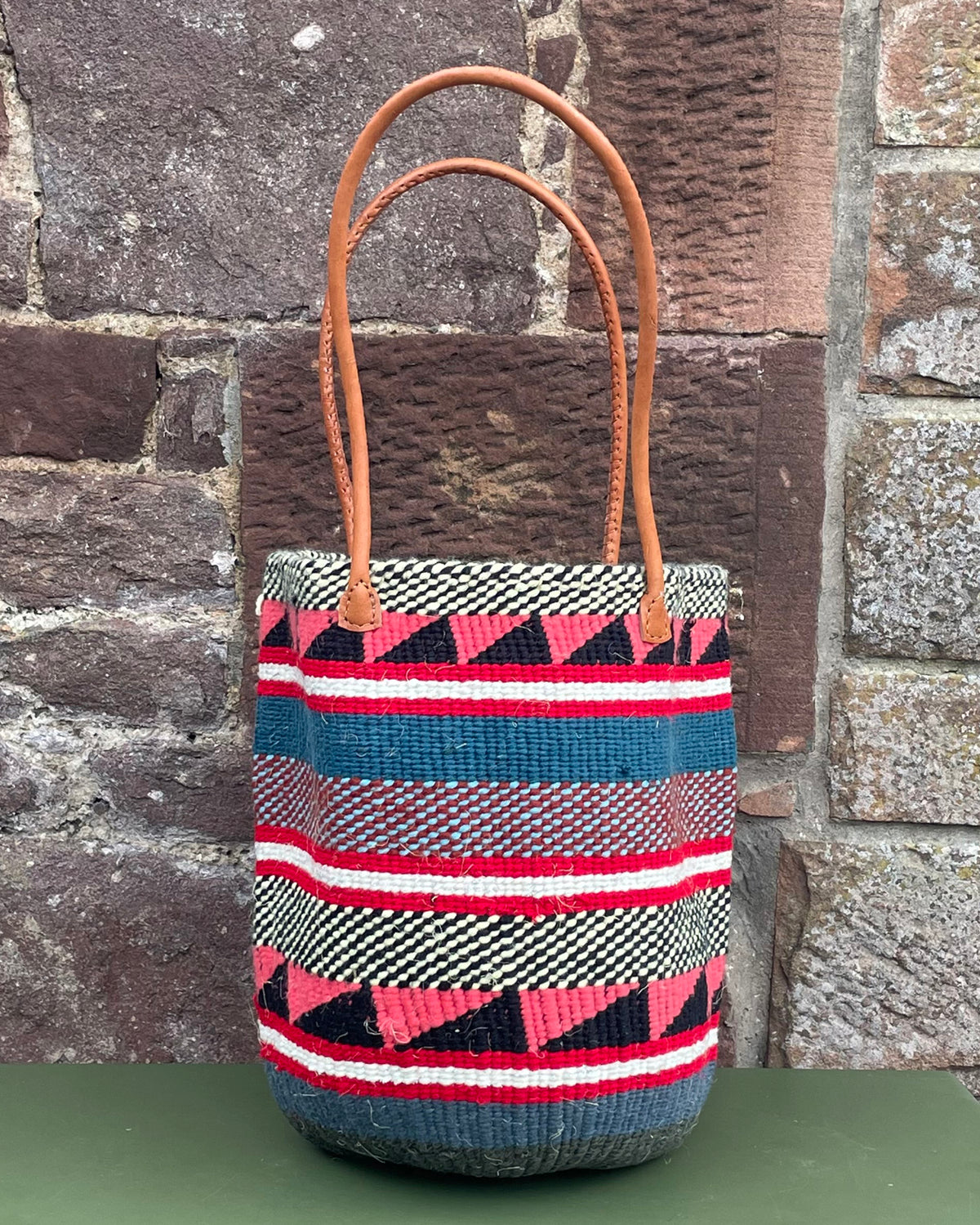 Woollen Kiondo Basket Pinks, Blues & Black with long Leather handles.