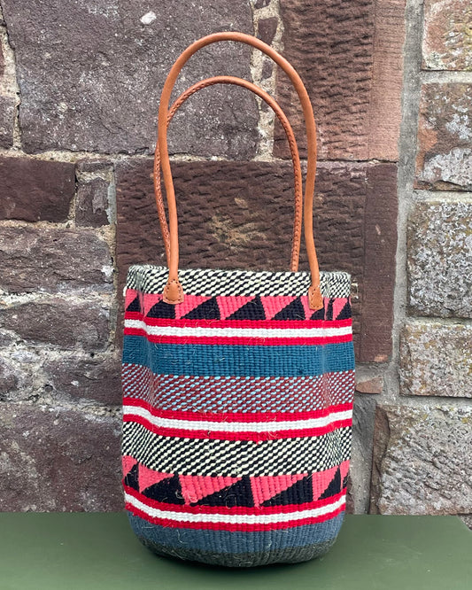 Woollen Kiondo Basket Pinks, Blues & Black with long Leather handles.